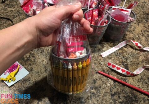 Example of a clear cellophane bag around one of the teacher gift baskets.