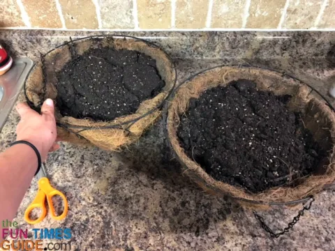 For these DIY Christmas hanging baskets, I filled each of the hanging baskets with potting soil.