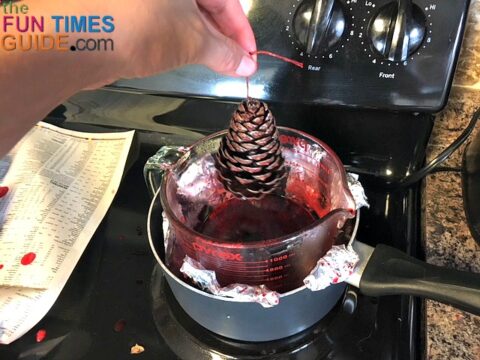 When I removed the pine cones from the wax, I set each dipped cone aside -- to let the wax dry.