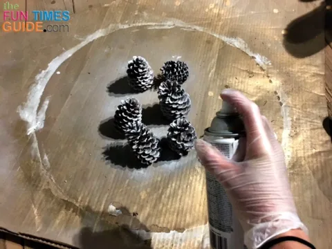 For a touch of white, I spray painted some pine cones and added 3 per basket.